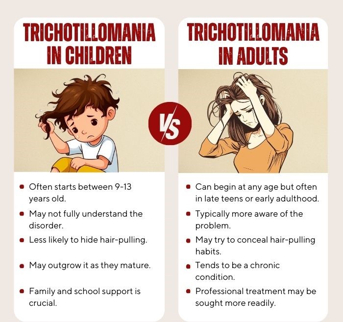 Trichotillomania in children vs Trichotillomania in adults